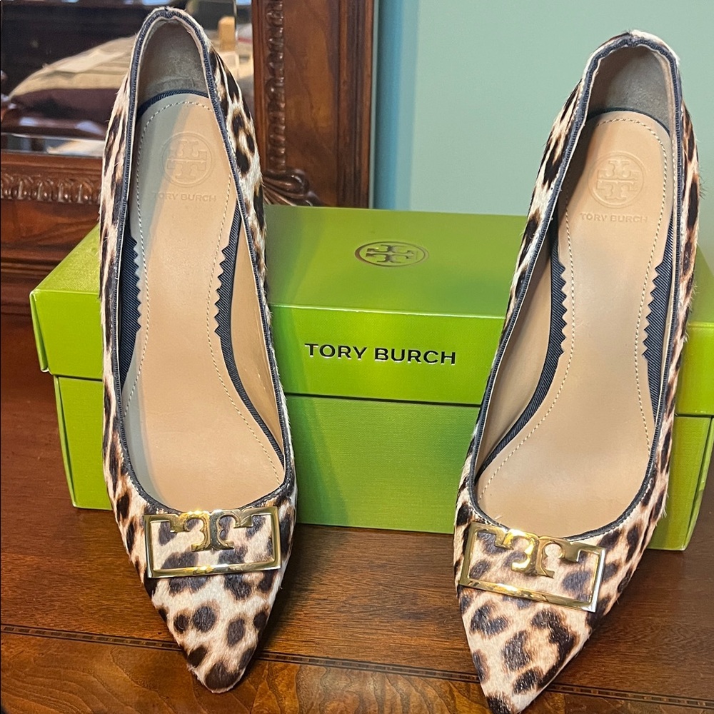 Tory Burch Leopard Print Heels with Gold Accents